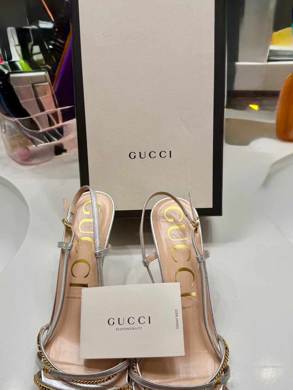 Gucci Silver Slingback Sandals with Gold Chain Trim